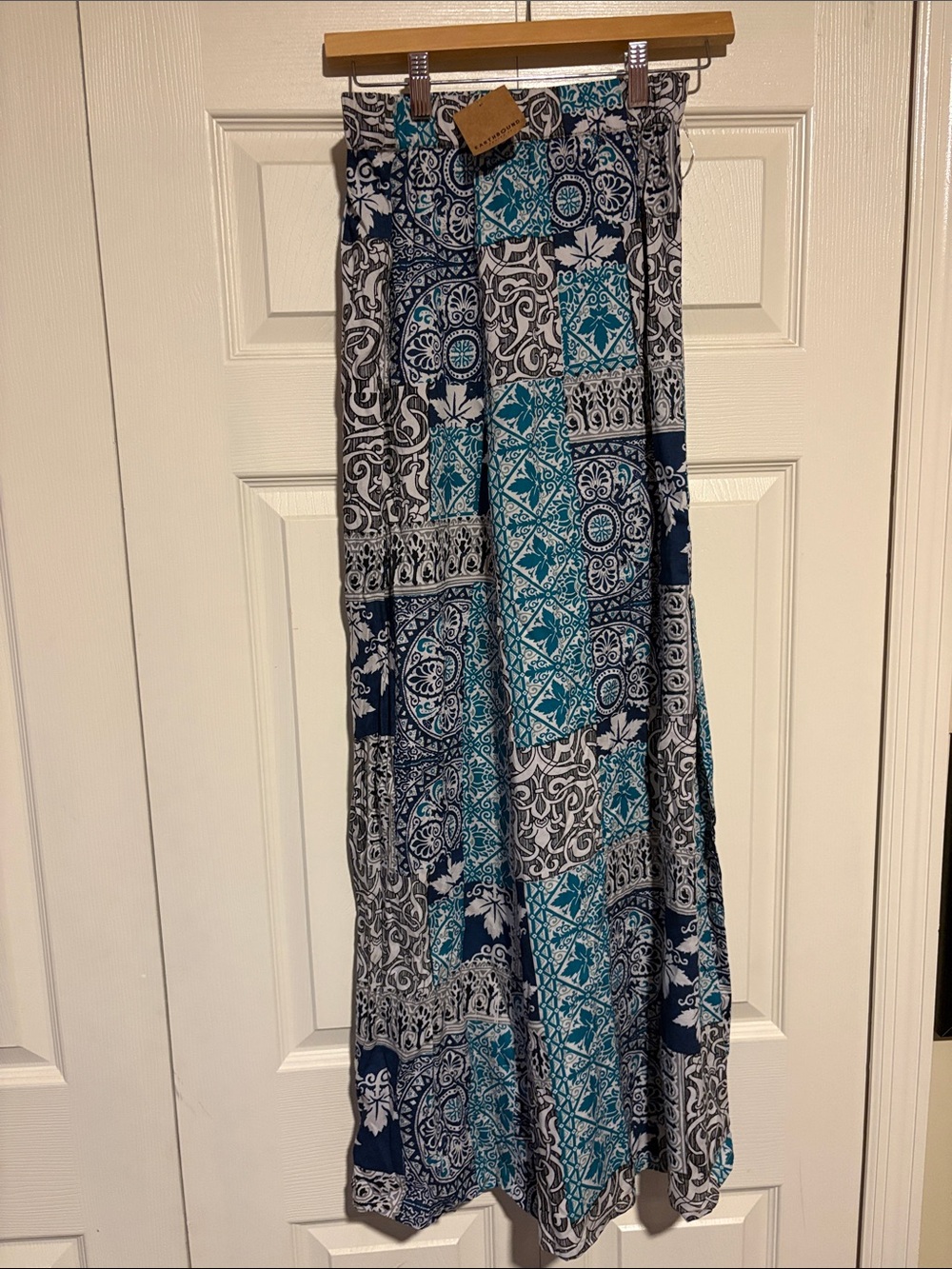 EARTHBOUND Strapless Maxi Dress in Navy, Teal, White Patchwork Print